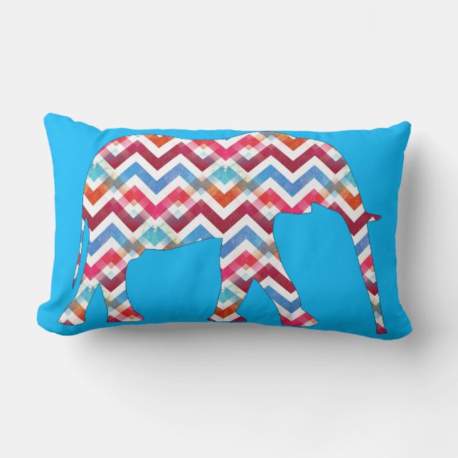 Funky Zigzag Chevron Elephant on Teal Blue Lumbar Cushion (Front)