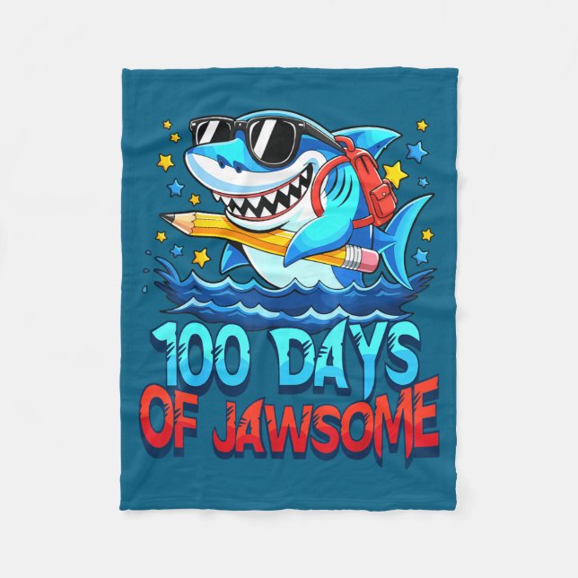 Funny 100 Days Of Jawsome Shark Kids Boy 100th Day Fleece Blanket (Front)