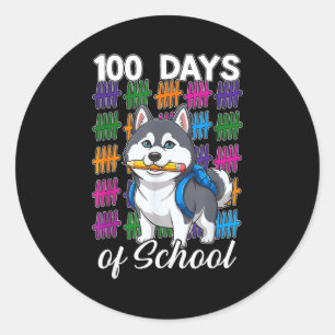 Funny 100 days of school siberian husky kids boys classic round sticker