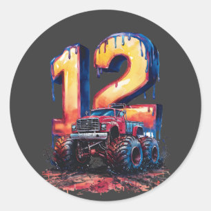 Funny 12nd Birthday Blast Cool Monstrous Truck Fun Classic Round Sticker