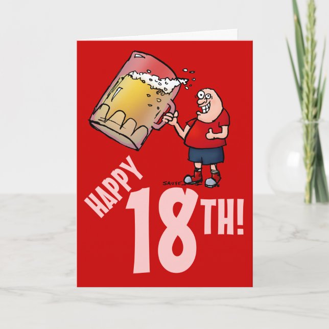 Funny 18th Birthday Card with Cartoon of Huge Beer (Front)