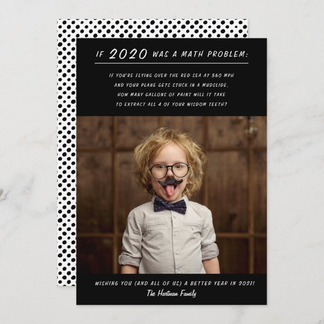 Funny 2020 Math Problem Black New Year Photo Holiday Card (Front/Back)