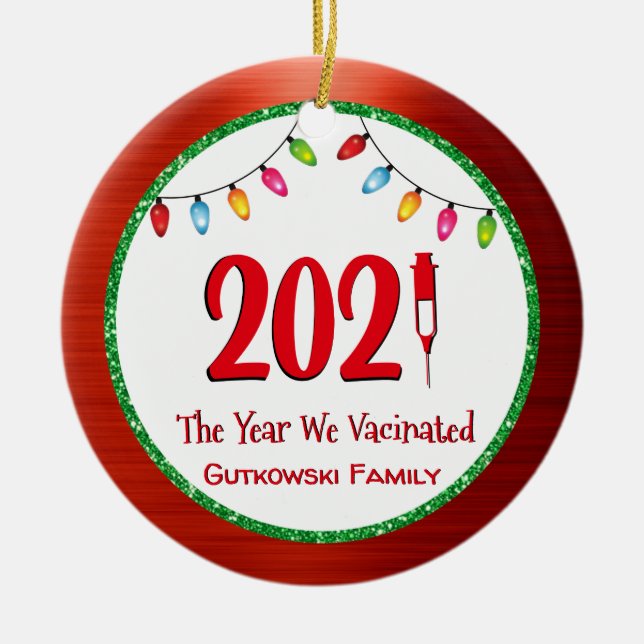 Funny 2021 Vaccinated Family Photo Ceramic Tree Decoration (Front)