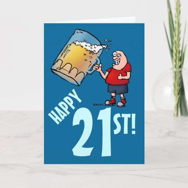 Funny 21st Birthday Card with Cartoon of Huge Beer (Front)