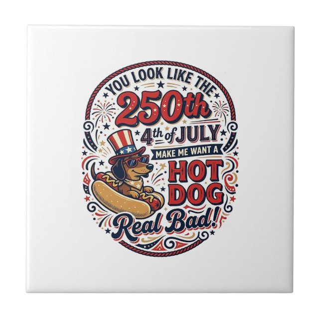 Funny 250th 4th of July Hot Dog Dachshund Tile (Front)