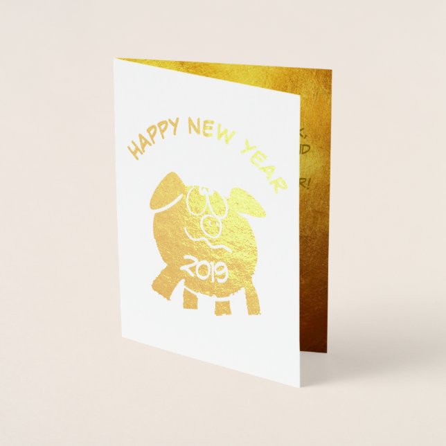 Funny 2 Cartoon Pig Year Zodiac Birthday Luxury GC Foil Card (Front)
