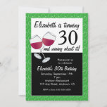 Funny 30th Birthday Wine Party Invitation<br><div class="desc">This 30th birthday party invitation features a graphic of two glasses of red wine and the text: (name) is turning 30 and wining about it! The invitation offers customisable text for you to add your party details. The background border colour is bright green accented with white swirls. The background colour...</div>