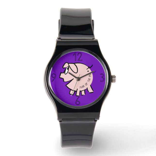 Funny 3 Cartoon Illustration Pig Year Birthday W Watch (Front)