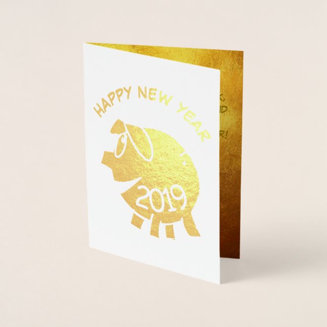 Funny 3 Cartoon Pig Year Zodiac Birthday Luxury GC Foil Card (Front)