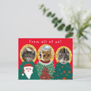 Funny 3 Cats Custom Photo Ugly Christmas Sweater  Postcard