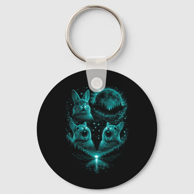 Funny 3 Howling Bunny Ice Blue Full Moon Eclipse Key Ring (Front)