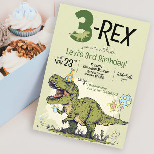 Funny 3-Rex Dinosaur Cartoon 3rd Birthday Party Invitation