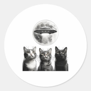 Funny 3 Scared Cats Moon Ufo Alien Earth Invasion Classic Round Sticker