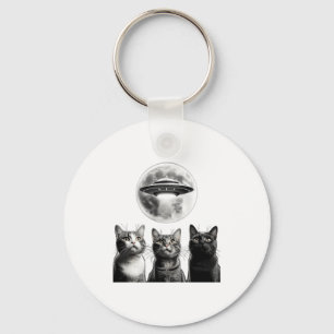 Funny 3 Scared Cats Moon Ufo Alien Earth Invasion Key Ring