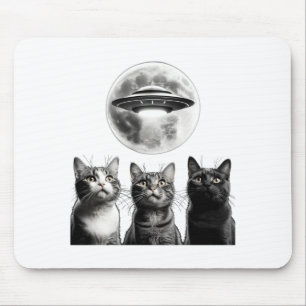 Funny 3 Scared Cats Moon Ufo Alien Earth Invasion  Mouse Mat