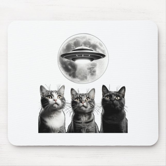 Funny 3 Scared Cats Moon Ufo Alien Earth Invasion  Mouse Mat (Front)