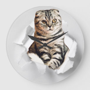 Funny 3d graphic cat torn paper illusion large clock