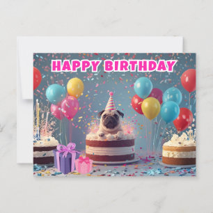 Funny 3D Pug Birthday Card Cute Dog Party