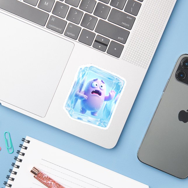 Funny 3D Purple Monster Frozen in Ice Cube Sticker (Laptop w/ iPhone)