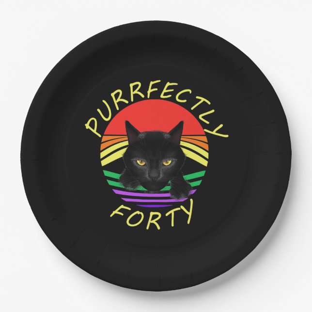 Funny 40th Birthday Gag 1981 Black Cat Rainbow Paper Plate (Front)