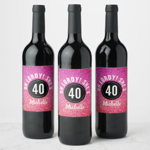 Funny 40th Birthday Party Pink Glitter Custom Wine Label