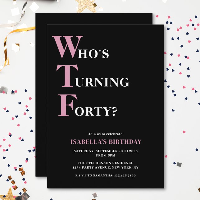 Funny 40th Birthday WTF Black & Pink Humourous Invitation (Creator Uploaded)