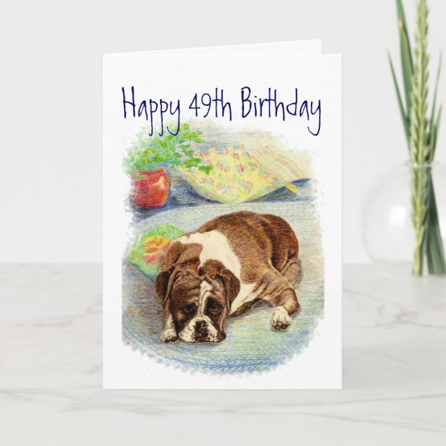 Funny 49th Birthday, Cute but Sad Boxer Dog Card (Front)