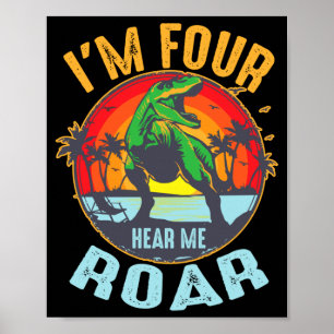 Funny 4 Birthday Hear Roar Gift For Kids Boys Poster