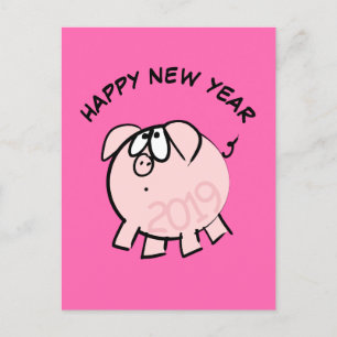 Funny 4 Cartoon Illustration Pig  Year 2019 PostC Invitation Postcard