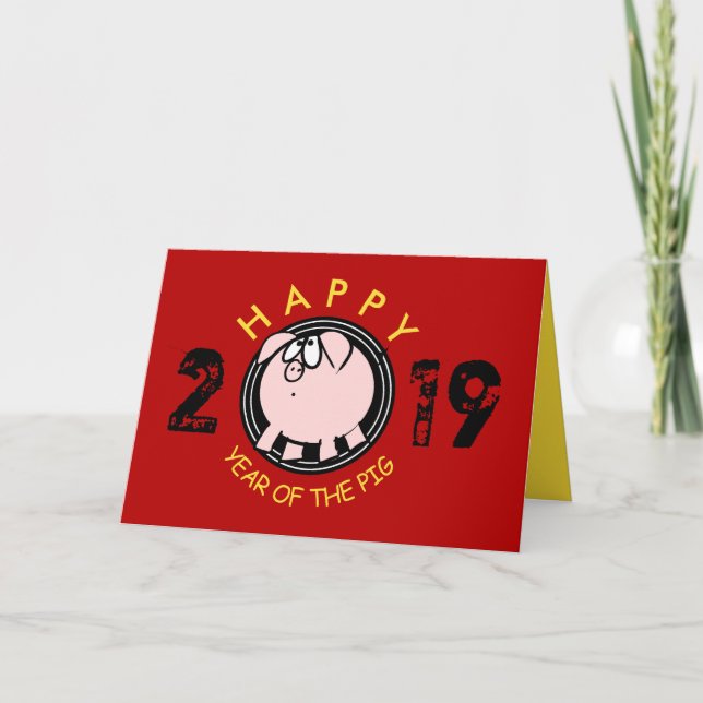 Funny 4 Cartoon Pig Year custom 2019 greeting Holiday Card (Front)