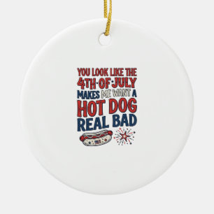 Funny 4th of July Hot Dog Patriotic Shirt Design_1 Ceramic Tree Decoration