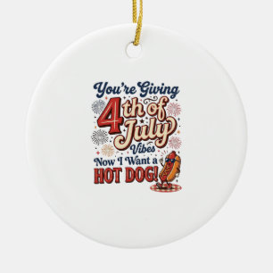 Funny 4th of July Hot Dog Vintage Shirt Design_1 Ceramic Tree Decoration