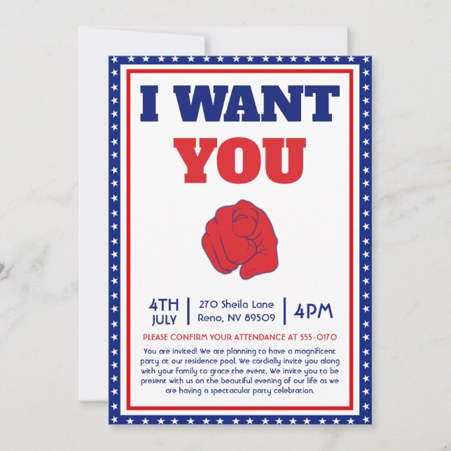 Funny 4th of July I Want You Come to My Party Invitation (Front)