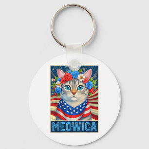 Funny 4th Of July Meowica Kitty Cat American Flag Key Ring