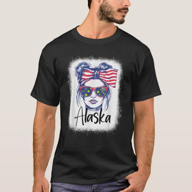 Funny 4th Of July Messy Bun Alaska Flag State Girl T-Shirt (Front)