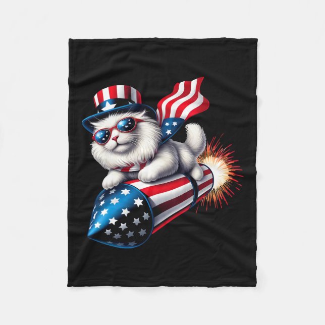 Funny 4th Of July Patriotic Cat Rocket With Firewo Fleece Blanket (Front)