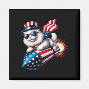 Funny 4th Of July Patriotic Cat Rocket With Firewo Magnet