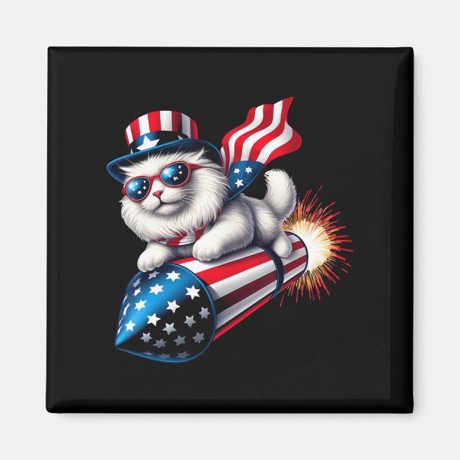 Funny 4th Of July Patriotic Cat Rocket With Firewo Magnet (Front)