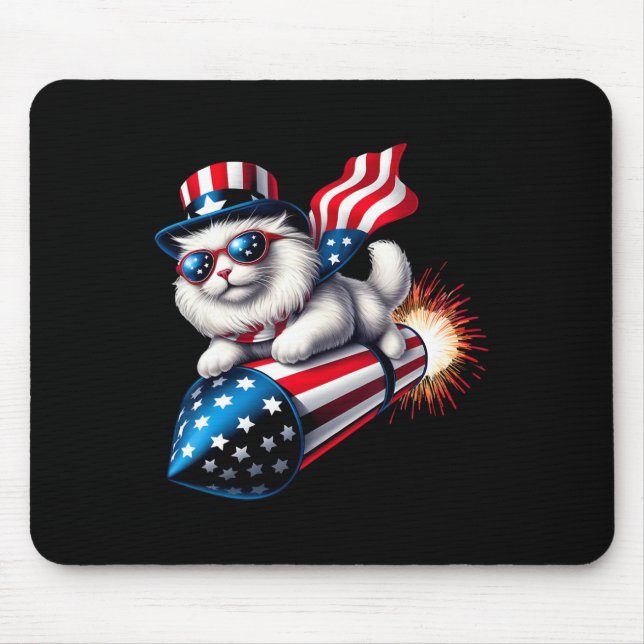 Funny 4th Of July Patriotic Cat Rocket With Firewo Mouse Mat (Front)