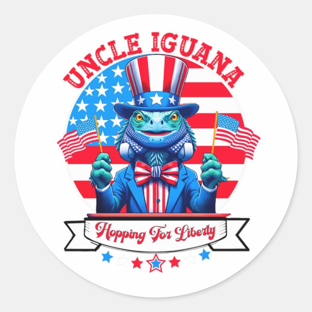 Funny 4th of July patriotic iguana Button Classic Round Sticker (Front)
