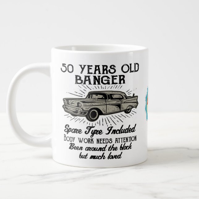 Funny 50th Birthday Retro Car Banger Add Name Date Large Coffee Mug (Left)
