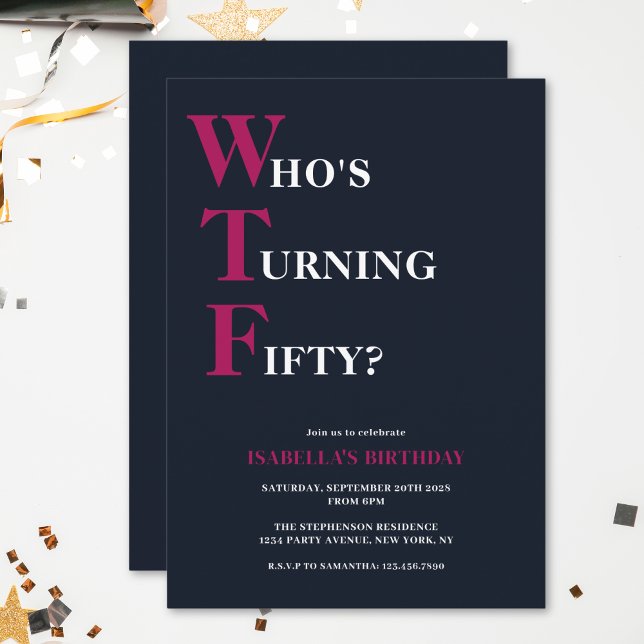 Funny 50th Birthday WTF Humourous Navy Blue Pink Invitation (Creator Uploaded)