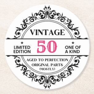 Funny 50th Black and Pink Vintage Birthday  Round Paper Coaster