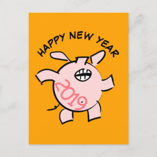Funny 5 Cartoon Illustration Pig  Year 2019 PostC Invitation Postcard