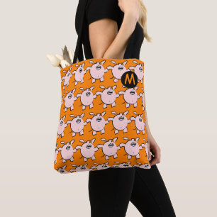 Funny 5 Cartoon Pig Monogram Choose Colour Tote Ba Bag