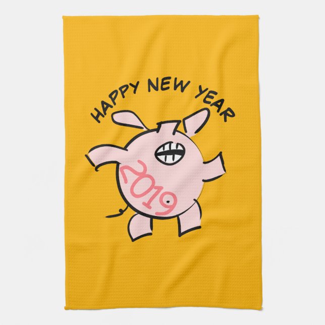 Funny 5 Cartoon Pig Year 2019 Kitchen Towel (Vertical)