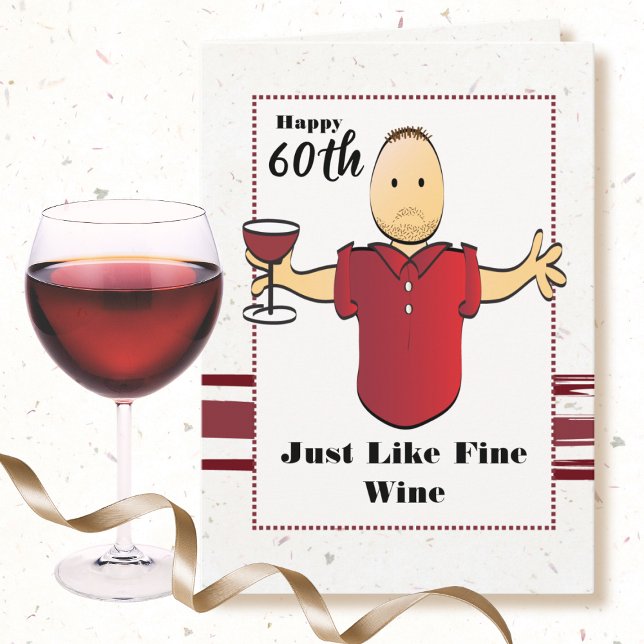Funny 60th Birthday Male Cartoon Red Wine Modern Card (Creator Uploaded)