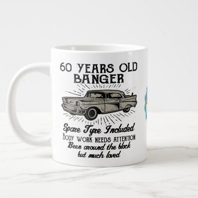 Funny 60th Birthday Retro Car Banger Add Name Date Large Coffee Mug (Left)
