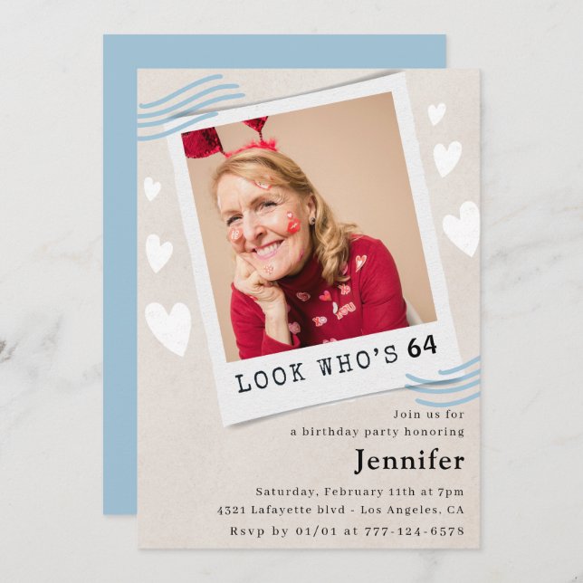Funny 64th birthday invitations Photo for her (Front/Back)