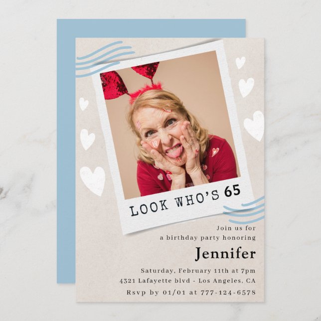 Funny 65th birthday invitations Photo Look who's  (Front/Back)